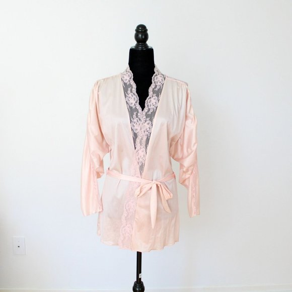 Vintage Darling Short Robe Pink Satin and Lace with Sash Belt Size Small SW10 - Picture 8 of 8